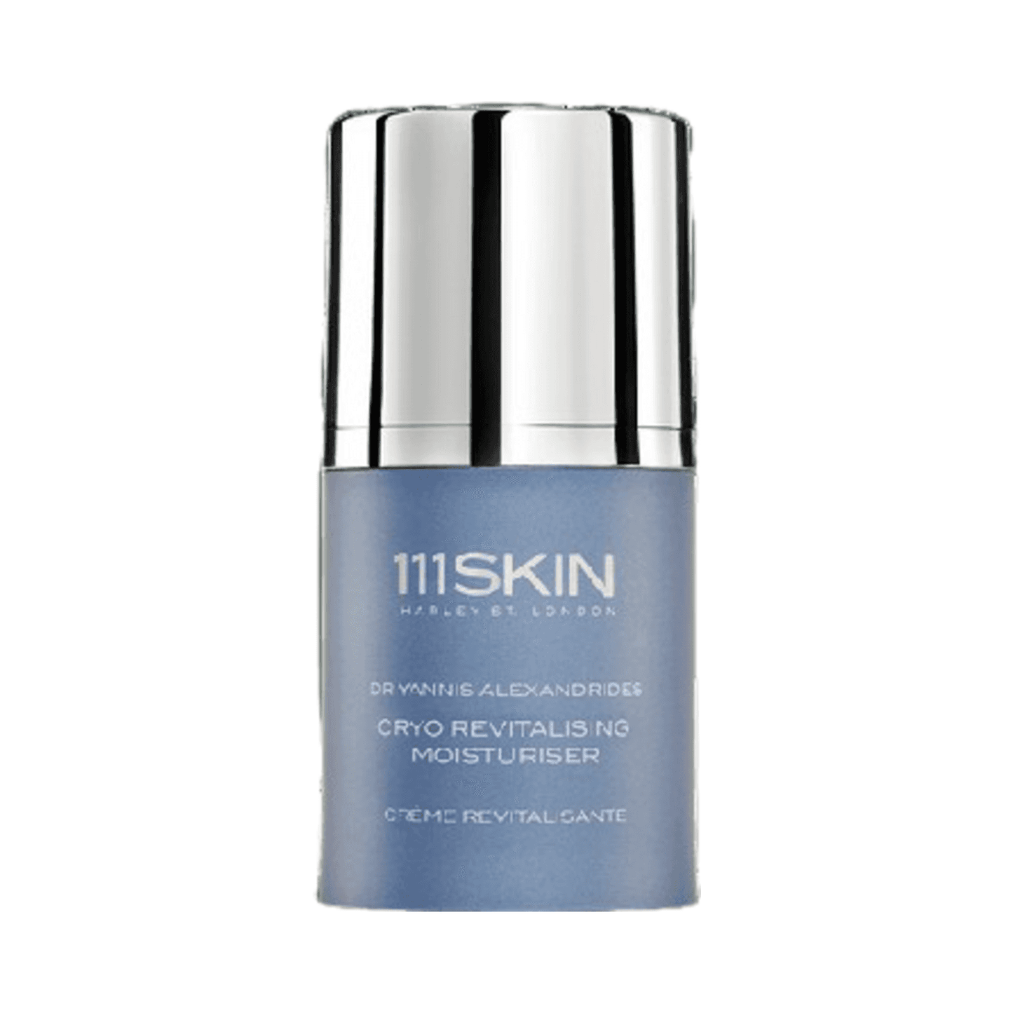 111SKIN Cryo Revitalising Moisturiser in sleek blue and silver packaging, designed to boost skin health and hydration for face and neck care.