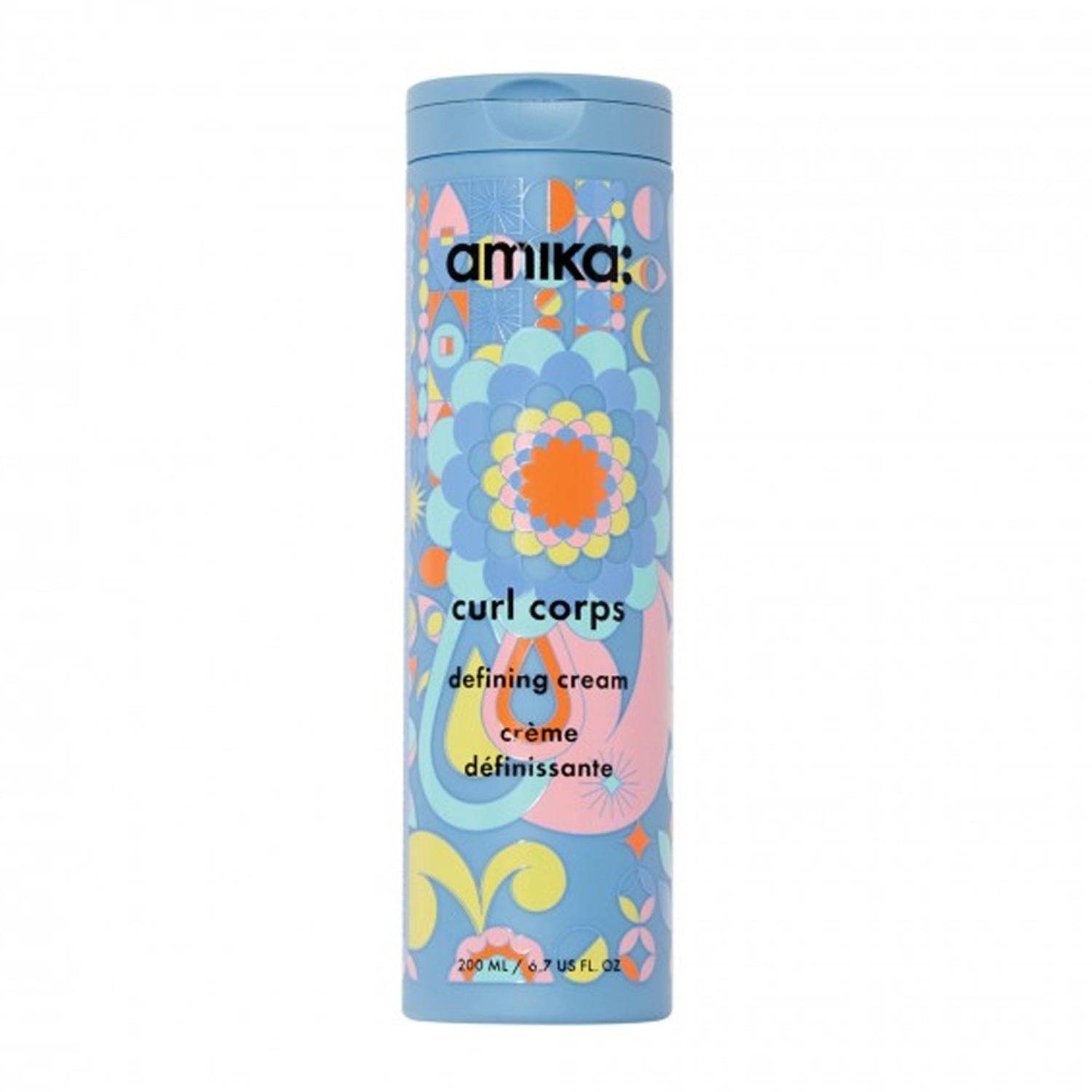 Amika Curl Corps Defining Cream in a colorful 200ml bottle for curl definition and moisture. Ideal for enhancing and softening curly hair.