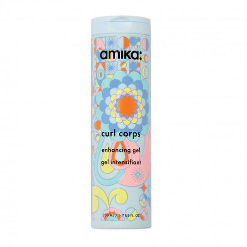 Amika Curl Corps Enhancing Gel in a colorful 200ml bottle, ideal for defining curls without crunch in hair styling routines.