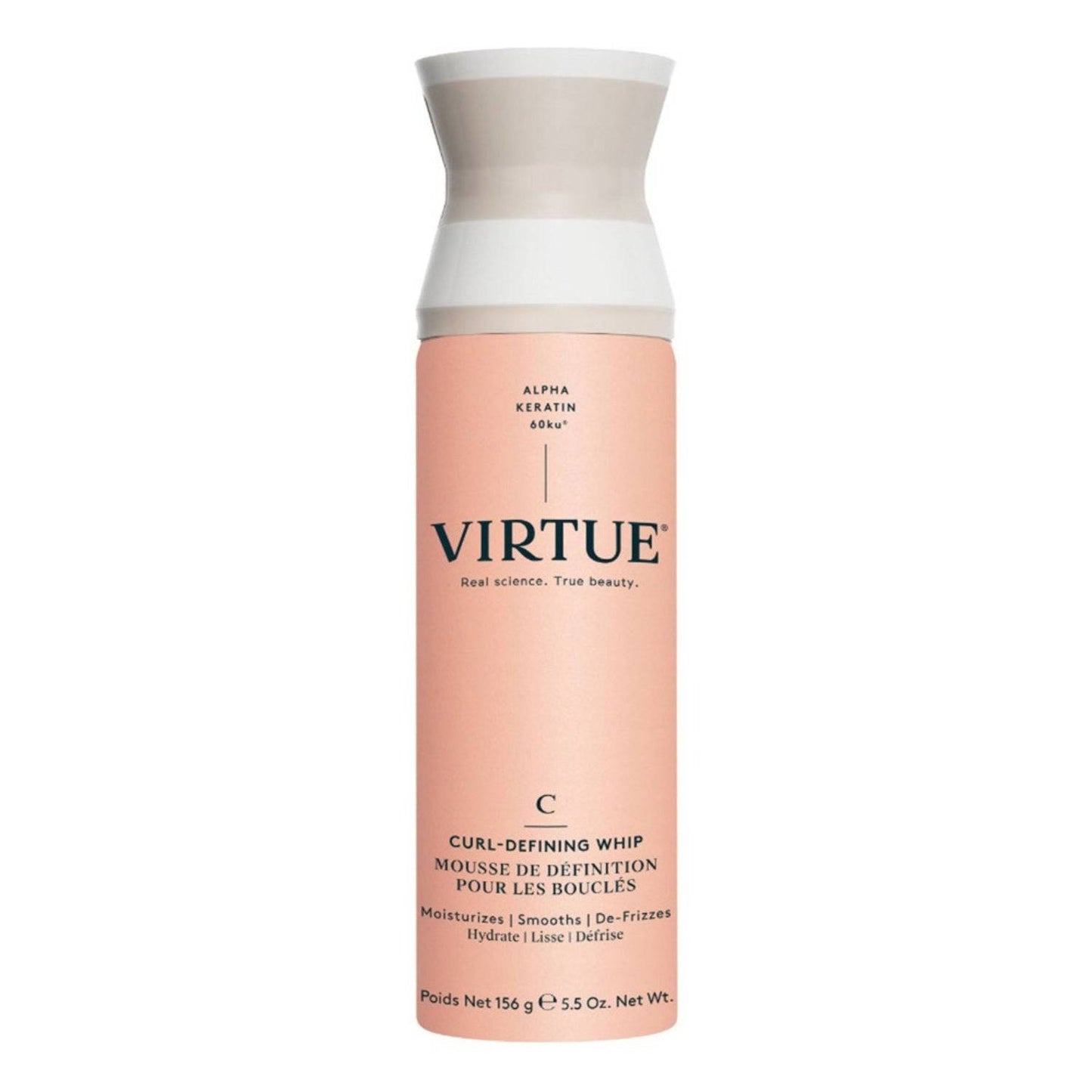 Virtue Curl-Defining Whip curl-defining hair whip in a peach and white bottle, ideal for moisturizing and de-frizzing curly hair.