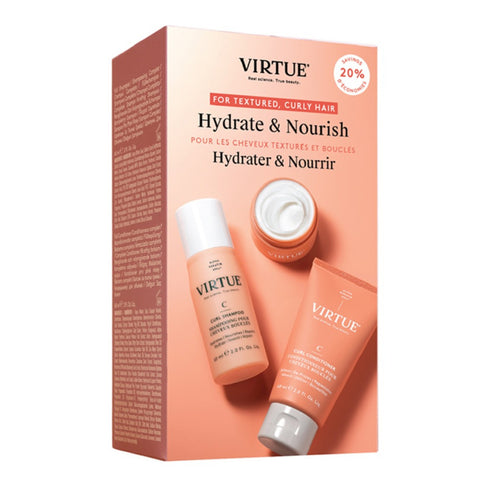 Virtue Curl Discovery Kit packaging showcasing three curl care essentials. Perfect travel-size hair care value set for defining and nourishing curls.