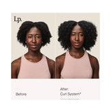 Before and after comparison of hair using Living Proof Curl Elongator, showing enhanced curl definition and reduced frizz in tight coils.