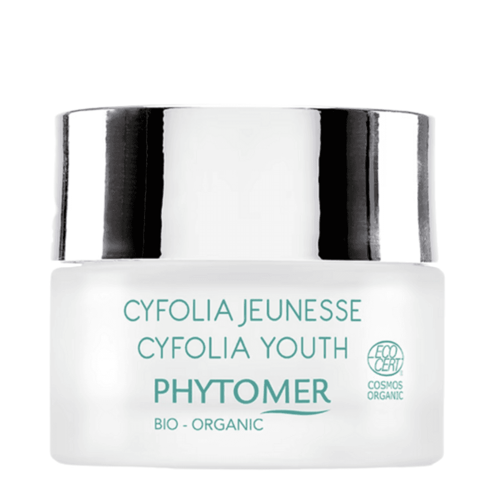 Phytomer Cyfolia Cream - Anti-Aging Face Cream in a white jar with silver lid, designed to reduce wrinkles and brighten mature skin.