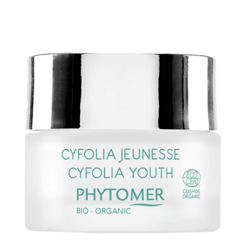 Phytomer Cyfolia Cream - Anti-Aging Face Cream in a white jar with silver lid, designed to reduce wrinkles and brighten mature skin.