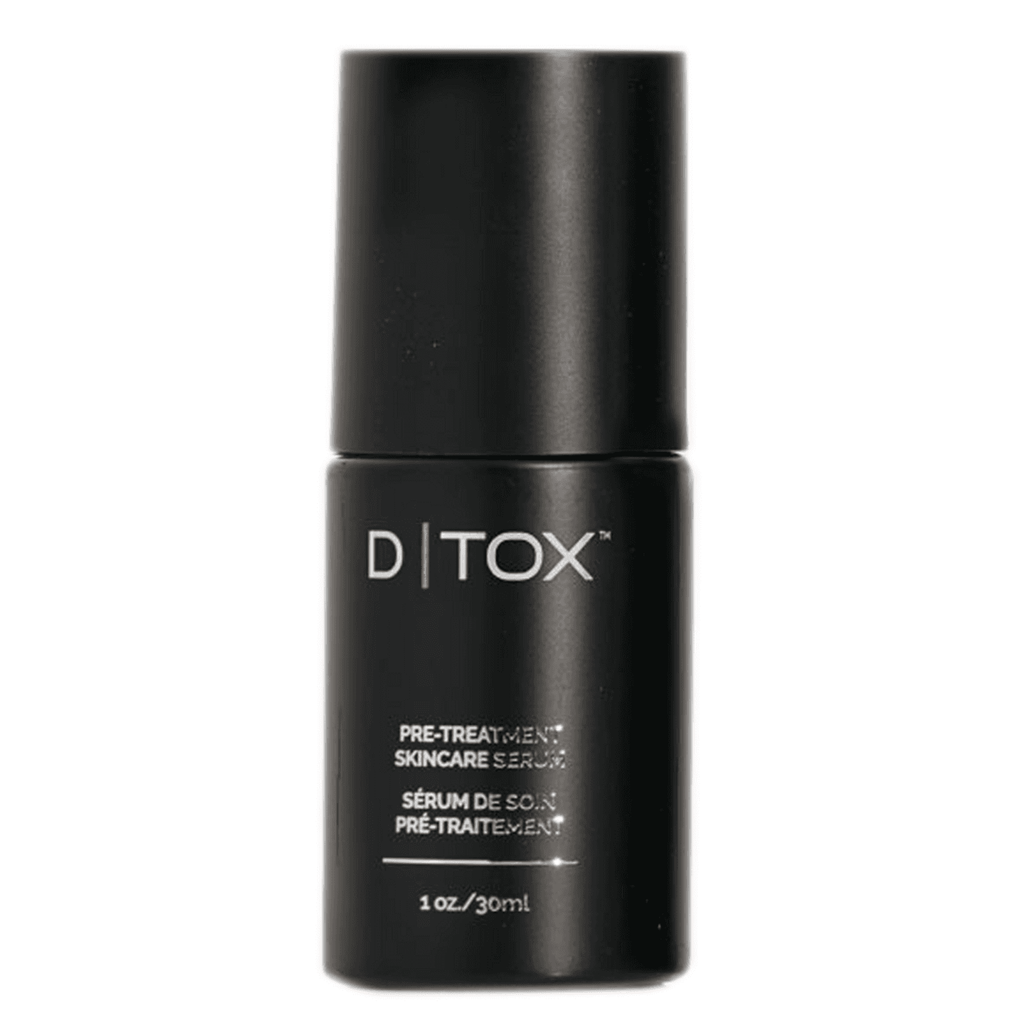 Exoie D|TOX face serum in sleek black 30ml bottle, a pre-treatment skincare solution with plant and growth factors for radiant skin.