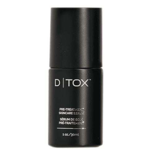 Exoie D|TOX face serum in sleek black 30ml bottle, a pre-treatment skincare solution with plant and growth factors for radiant skin.