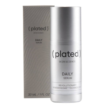 Plated Skin Science Daily face serum with Renewosome technology in a 30ml silver bottle, designed for daily platelet renewal skincare treatment.