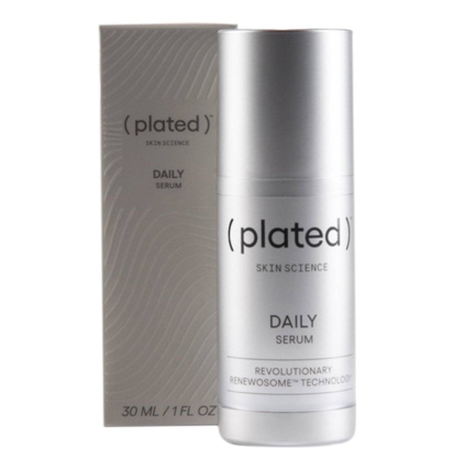 Plated Skin Science Daily - Platelet Renewal Skincare serum shown with packaging, ideal for rejuvenating facial skin in premium skincare routines.