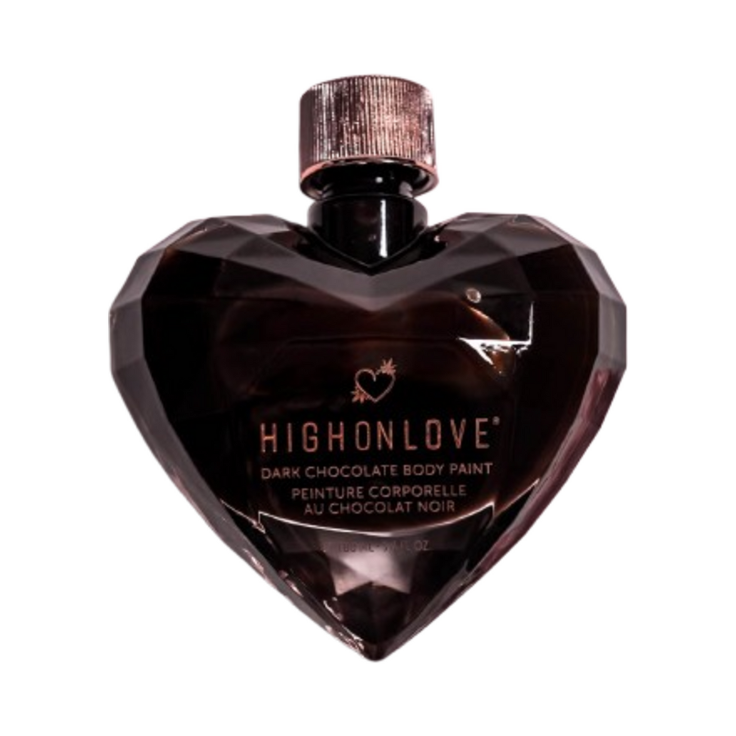 High on Love Dark Chocolate Body Paint in a heart-shaped bottle, a sensual body treatment from eSkinStore for skincare and romantic indulgence.