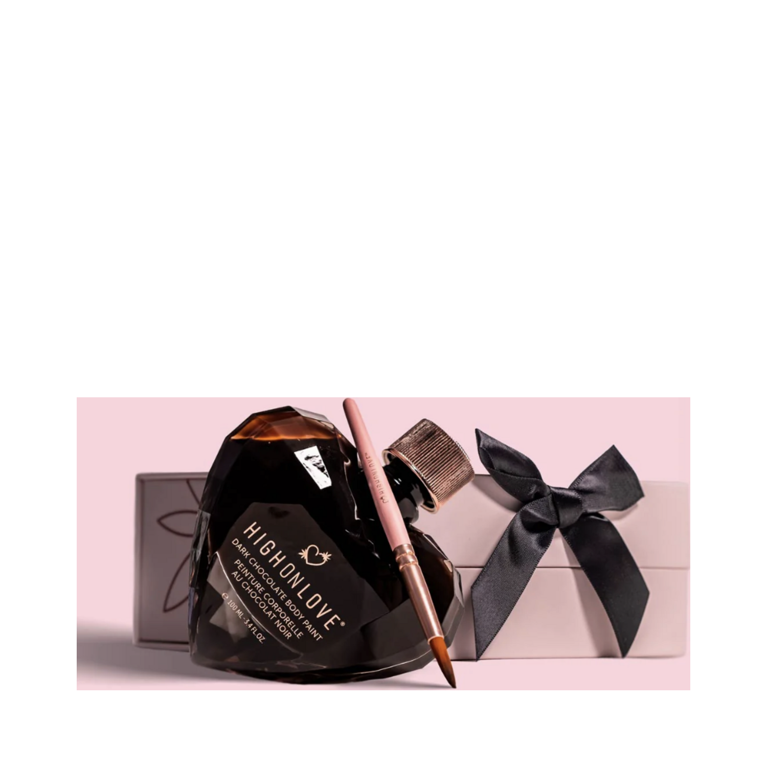 High on Love Dark Chocolate Body Paint with brush and ribboned box, a romantic body treatment gift set from eSkinStore's skincare collection.