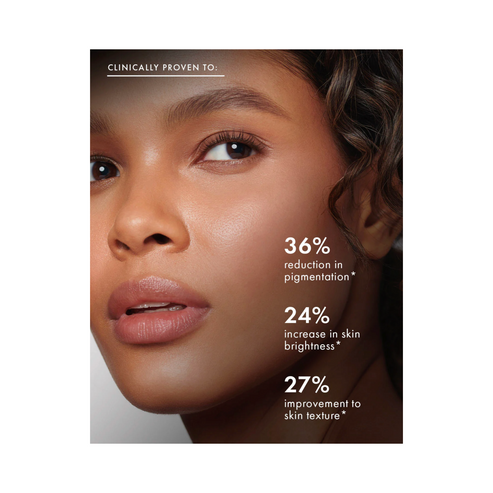 Model with glowing skin and text showing clinical results of 111SKIN Dark Spot Correcting Serum for pigmentation and texture.