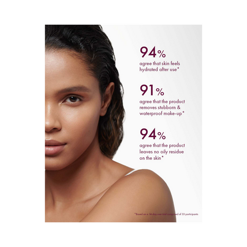 Model with glowing skin next to 111SKIN Deep Cleansing Oil user statistics showing 94% hydration and no oily residue.