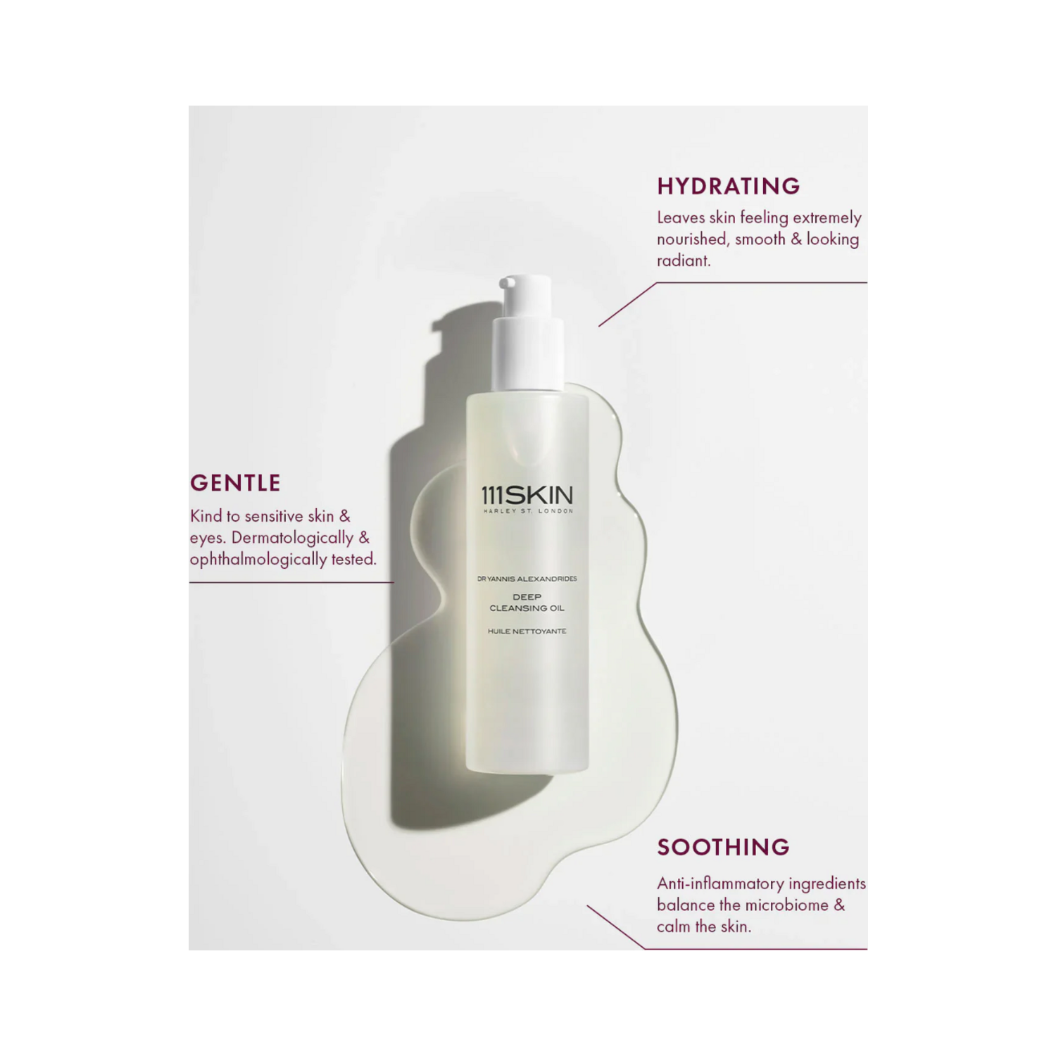 111SKIN Deep Cleansing Oil bottle with text highlighting its hydrating, soothing, and gentle skincare benefits.