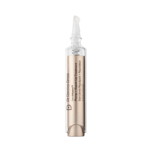 Dr Dennis Gross Lip Treatment in sleek gold and clear applicator tube. Plumping formula hydrates and volumizes lips for a youthful look.