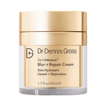 Dr Dennis Gross Blur Repair Cream in gold jar, 1.7 fl oz size. Hydrating face cream for smoothing fine lines and improving skin texture.