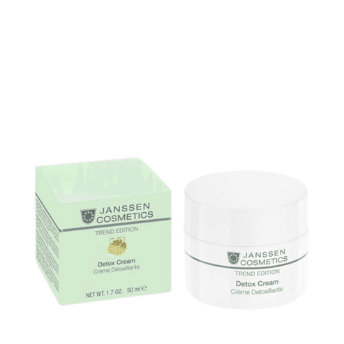 Janssen Cosmetics Detox Cream with product box and jar, supports skin detox and hydration with Vitamin C and E for radiant skin.