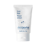 Skinbetter Science Scrub Mask tube labeled in English and French. A clay-based exfoliator for face and neck with glycolic and lactic acid.