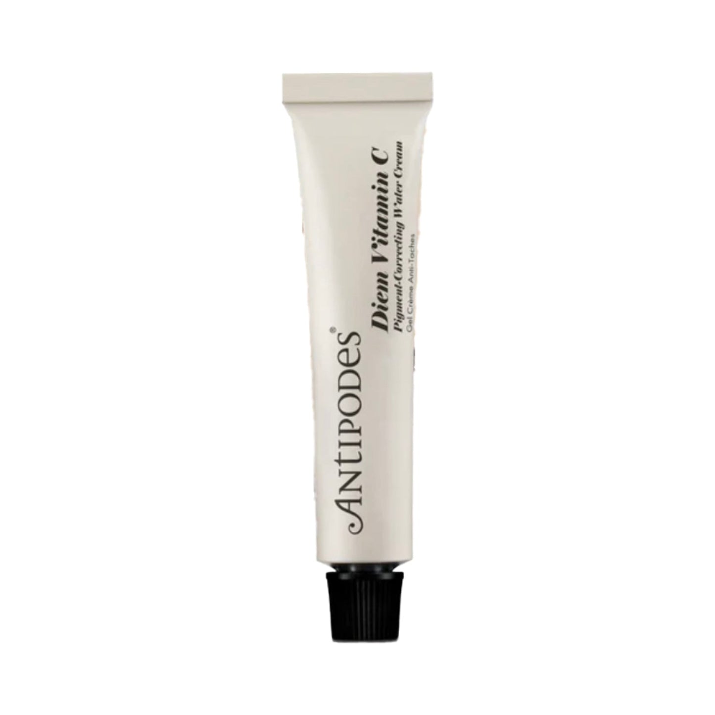 Antipodes Diem Vitamin C Pigment-Correcting Water Cream in a sleek white tube, ideal for treating dull and uneven skin tone on face and neck.
