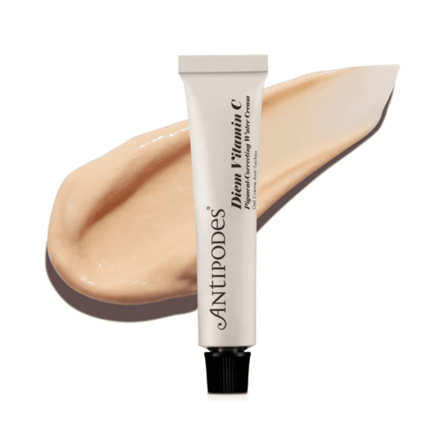 Antipodes Diem Vitamin C Water Cream shown with a creamy beige swatch, highlighting its pigment-correcting and moisturizing texture for radiant skin.