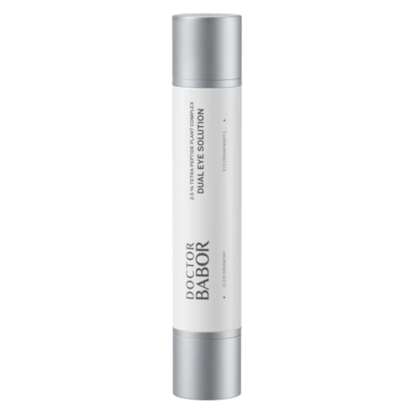 Doctor Babor Dual Eye Solution anti-aging eye cream in sleek silver and white dual pump bottle. Ideal for lifting and revitalizing tired eyes.