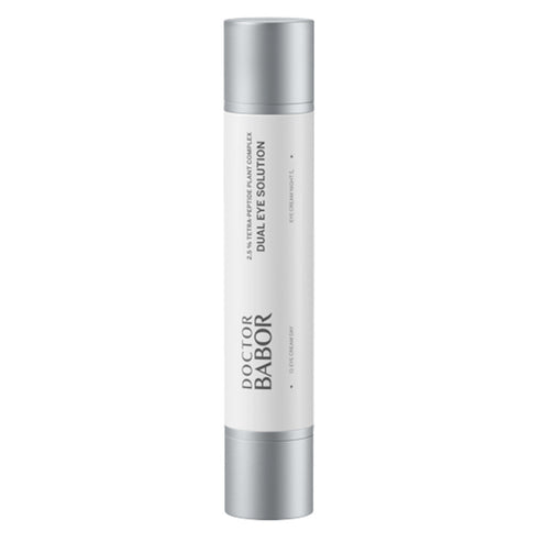 Doctor Babor Dual Eye Solution anti-aging eye cream in sleek silver and white dual pump bottle. Ideal for lifting and revitalizing tired eyes.