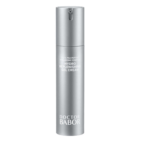 Doctor Babor Hydro Gel Cream in sleek silver pump bottle, ideal for 24h hydration and plumping skin. Premium face cream for deep moisturization.
