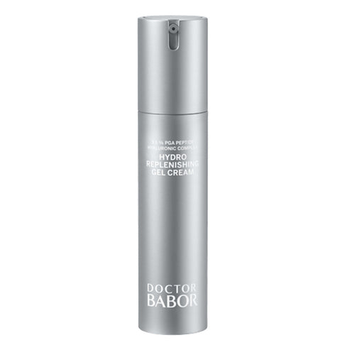 Doctor Babor Hydro Replenishing Gel Cream offers intensive moisture in a modern silver dispenser. Perfect for daily skin hydration and care.
