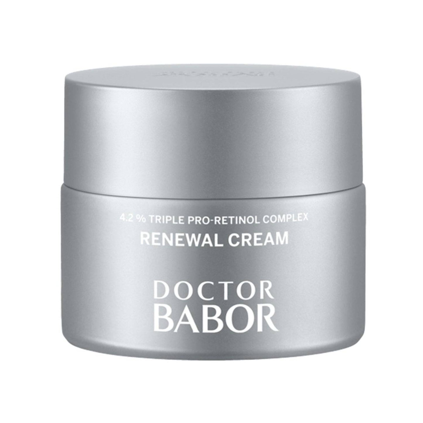 Babor Renewal Cream - Anti-Aging face cream with 4.2% Triple Pro-Retinol Complex in a sleek silver jar for smoother, youthful skin texture.