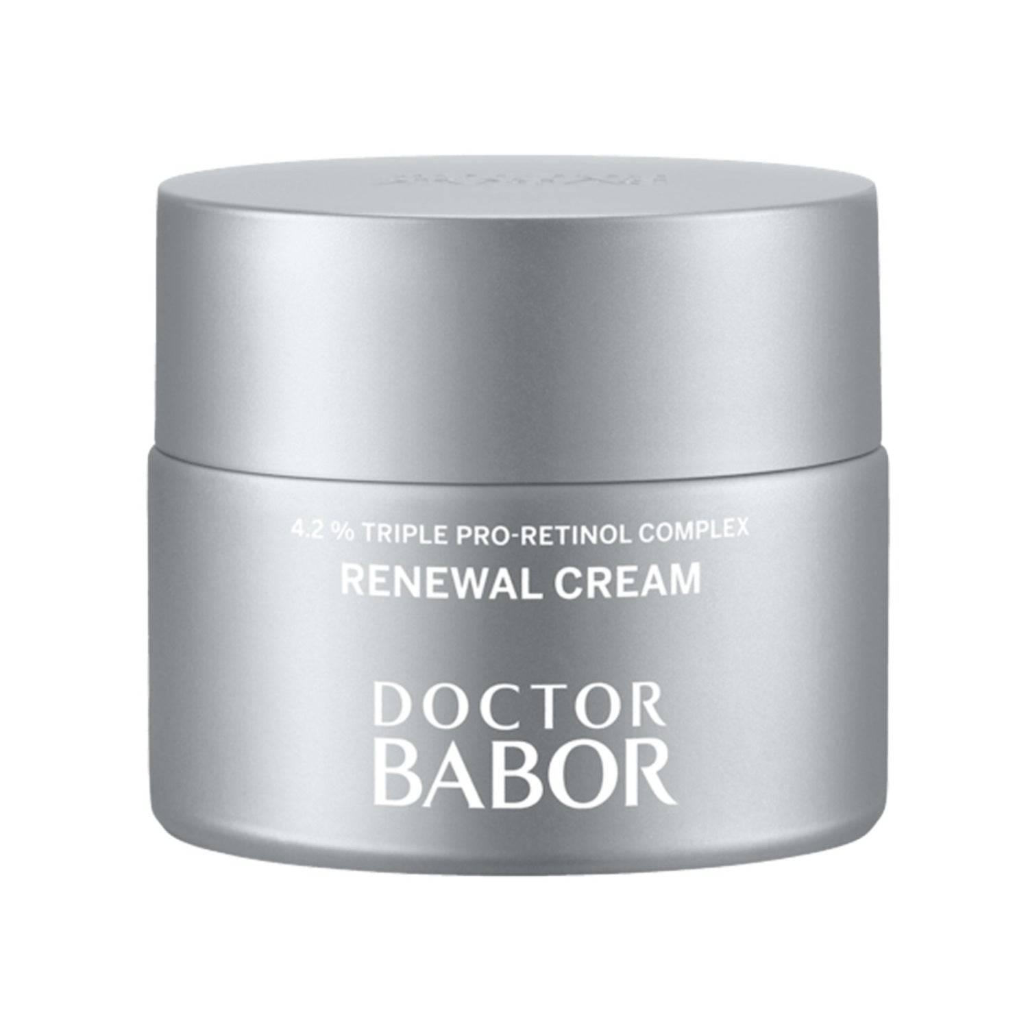 Babor Renewal Cream - Anti-Aging face cream with 4.2% Triple Pro-Retinol Complex in a sleek silver jar for smoother, youthful skin texture.