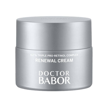 Babor Renewal Cream - Anti-Aging face cream with 4.2% Triple Pro-Retinol Complex in a sleek silver jar for smoother, youthful skin texture.