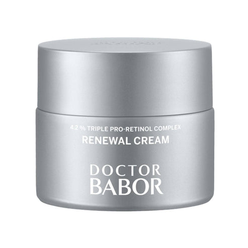 Babor Renewal Cream - Anti-Aging face cream with 4.2% Triple Pro-Retinol Complex in a sleek silver jar for smoother, youthful skin texture.