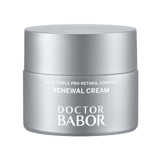 Doctor Babor Renewal Cream באריזה מתכתית, הכולל פורמולת אנטי אייג'ינג עם פרו-רטינול משולש לטיפוח עור מתקדם ולחות.