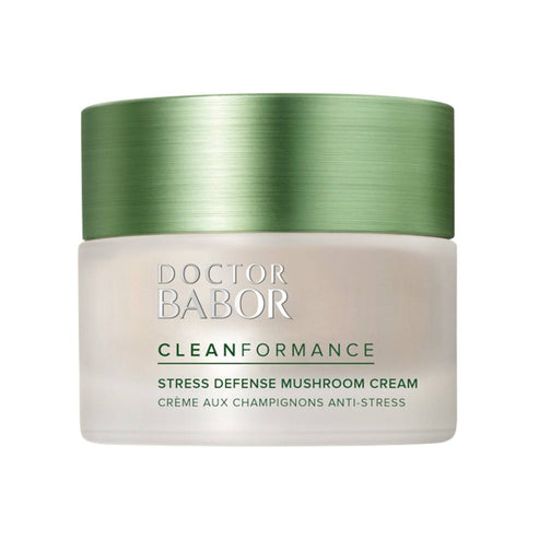 Babor Mushroom Cream - Skin Resilience face cream in a frosted jar with green metallic lid. Infused with reishi, chaga, and shiitake mushrooms.