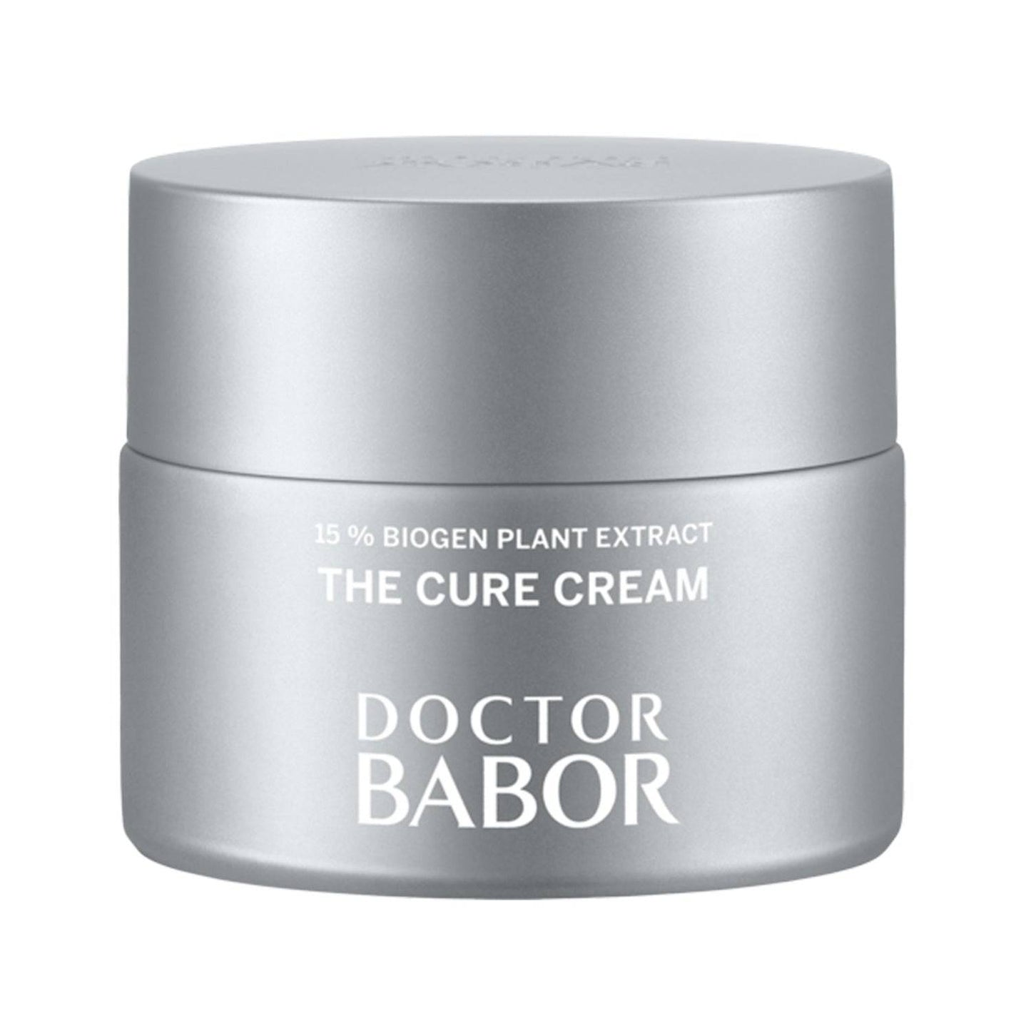 Babor The Cure Cream face moisturizer with 15% Biogen Plant Extract in silver jar. Promotes skin regeneration and anti-inflammatory benefits.