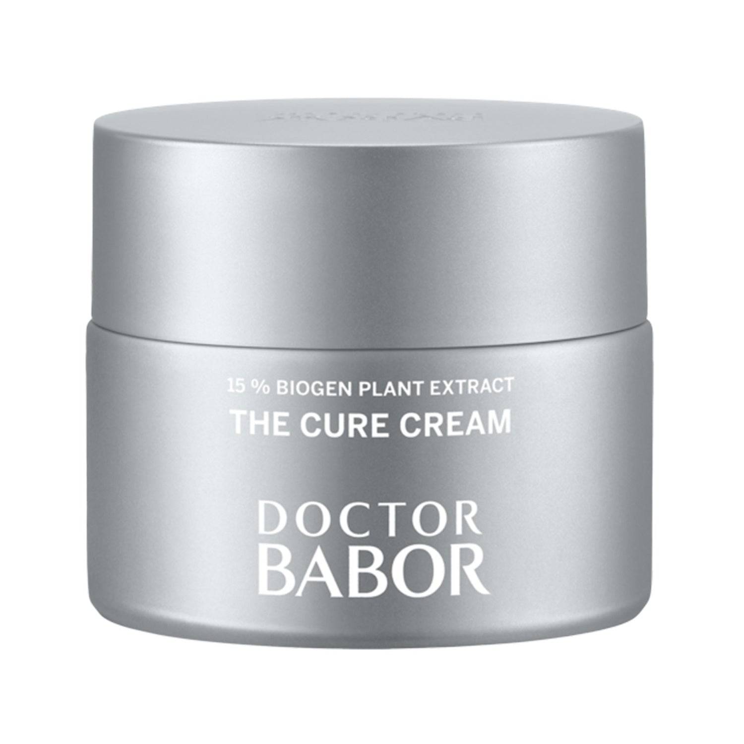 Babor The Cure Cream face moisturizer with 15% Biogen Plant Extract in silver jar. Promotes skin regeneration and anti-inflammatory benefits.