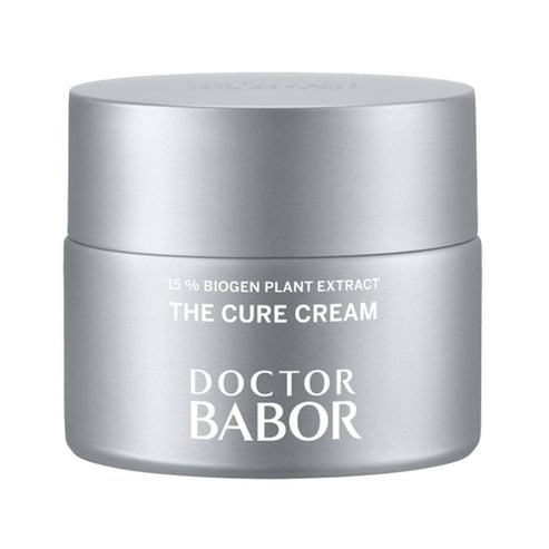 Babor The Cure Cream face moisturizer with 15% Biogen Plant Extract in silver jar. Promotes skin regeneration and anti-inflammatory benefits.
