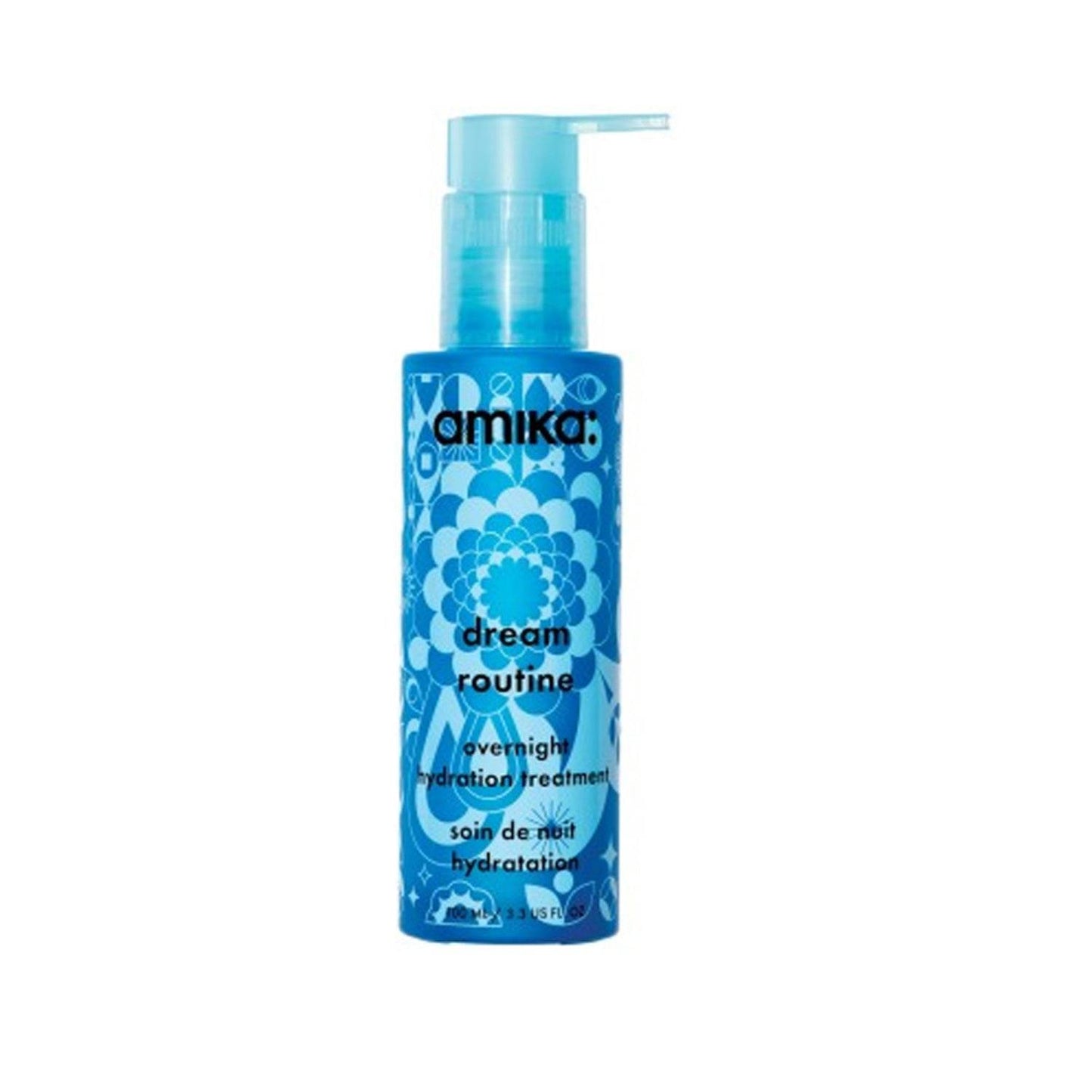 Amika Dream Routine Hair Hydration Overnight Hair Care in a blue pump bottle, ideal for deep moisture treatment for dry hair.
