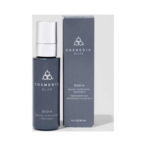 CosMedix Duo 1% Retinoid Night Treatment bottle and box set, ideal for skincare routines targeting fine lines and uneven texture.
