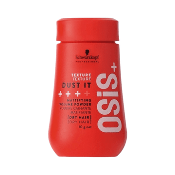 OSiS+ Dust It Mattifying Volume Powder Hair Treatment in a 10g red bottle for dry hair, ideal for adding texture and volume. Available at eSkinStore.