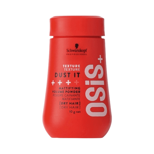 OSiS+ Dust It Mattifying Volume Powder Hair Treatment in a 10g red bottle for dry hair, ideal for adding texture and volume. Available at eSkinStore.