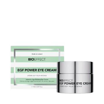 BIOEFFECT EGF Eye Cream - Anti-Aging Eye Care in silver jar with outer box packaging, designed to reduce fine lines and revitalize mature skin.
