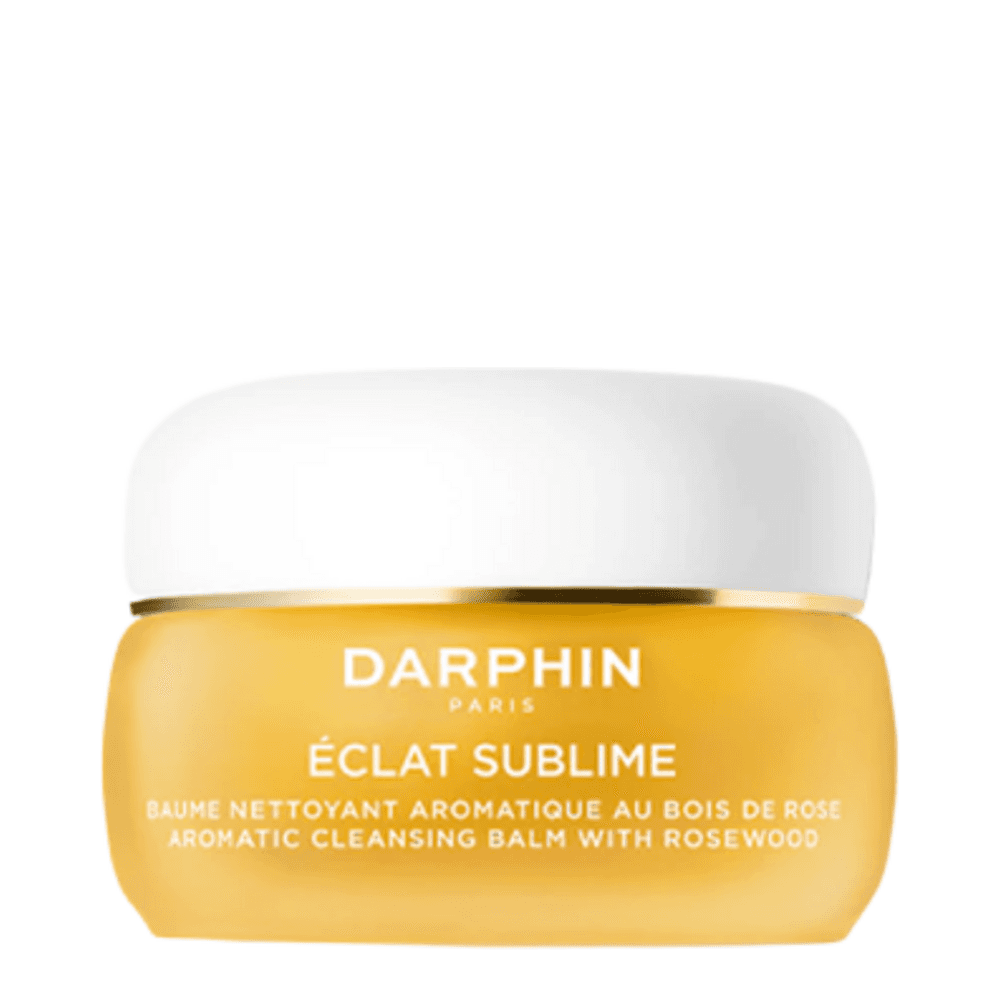 Darphin Eclat Sublime Aromatic Cleansing Balm in a golden jar with white lid, ideal for dry skin and gentle facial cleansing.