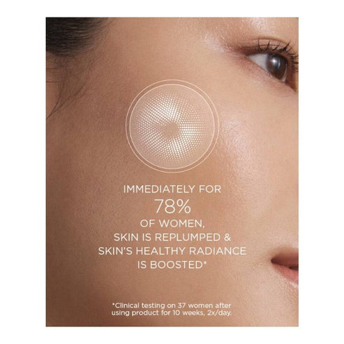 Close-up of a woman’s cheek showing results of Darphin Eclat Micro Serum with text highlighting 78% saw plumper, more radiant skin instantly.