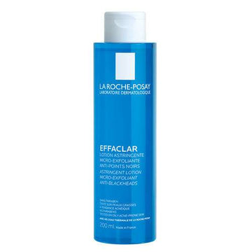 Effaclar Astringent Lotion by La Roche Posay in a 200ml blue bottle, a micro-exfoliating facial toner for tightening pores and reducing blackheads.