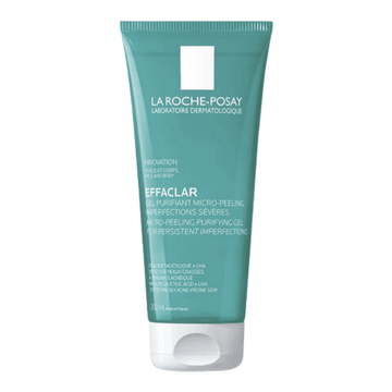 Effaclar Micro-Peeling Gel exfoliating face wash by La Roche-Posay with salicylic acid for oily, acne-prone skin in 200ml tube packaging.