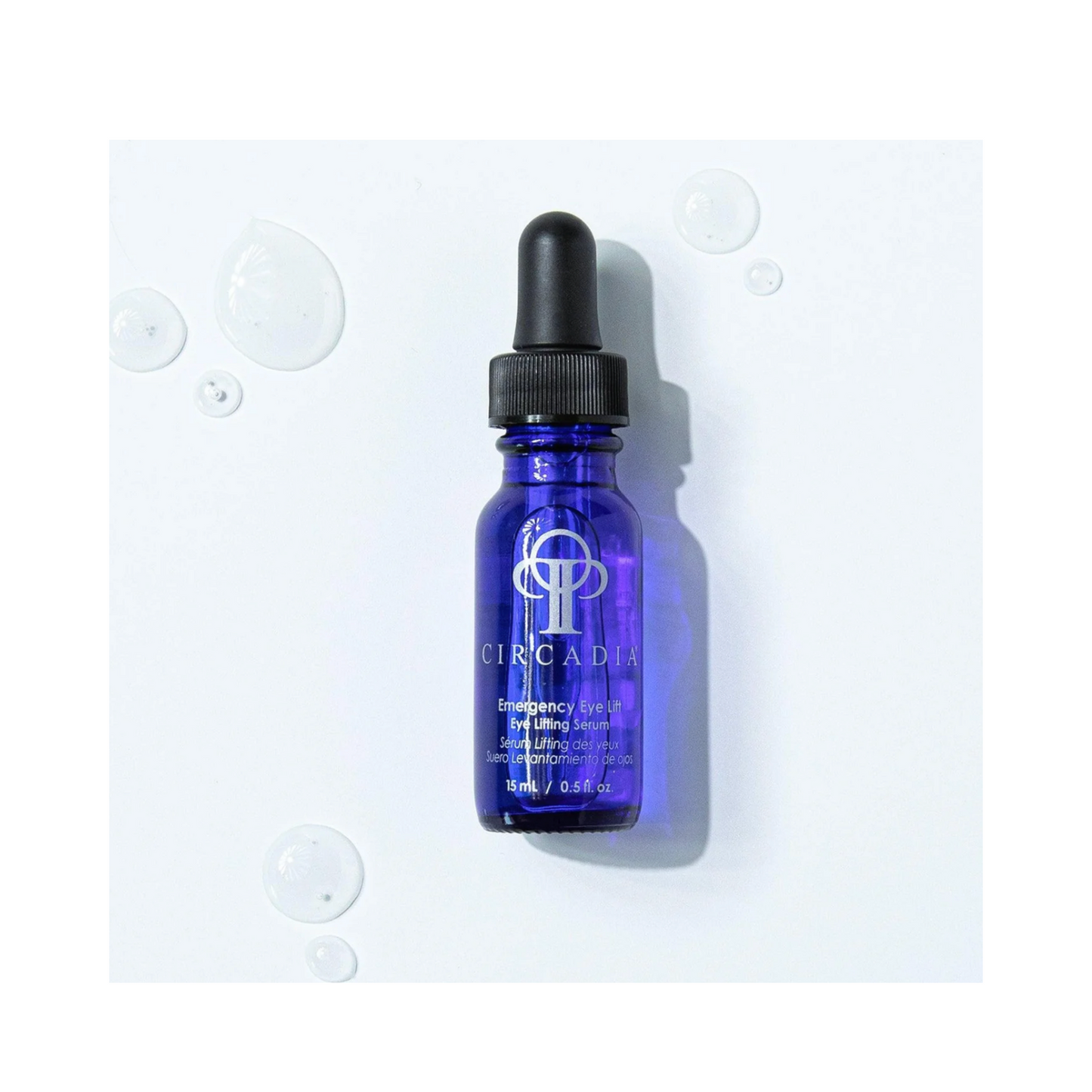 Circadia Emergency Eye Lift for Youthful Eyes shown with gel droplets, highlighting its hydrating and fine line-plumping formula.