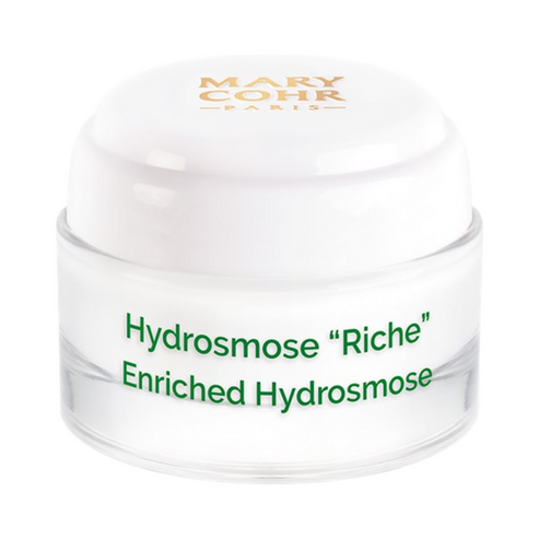 Mary Cohr Hydrosmose Cream jar with white lid and green text, designed for deep hydration and cellular moisture for dry skin.