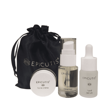 Free Gift Epicutis Sachet skin care kit featuring Lipid Serum, Oil Cleanser, and Hyvia Moisturizer in a black branded pouch for face and neck care.