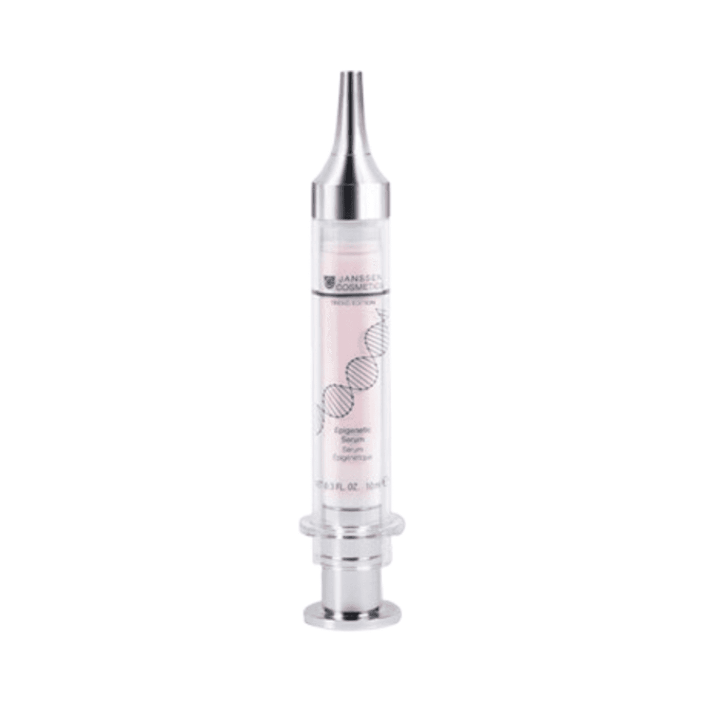 Janssen Epigenetic Serum in syringe-style bottle for face care. Anti-aging treatment with hyaluronic acid and keratin for mature skin.