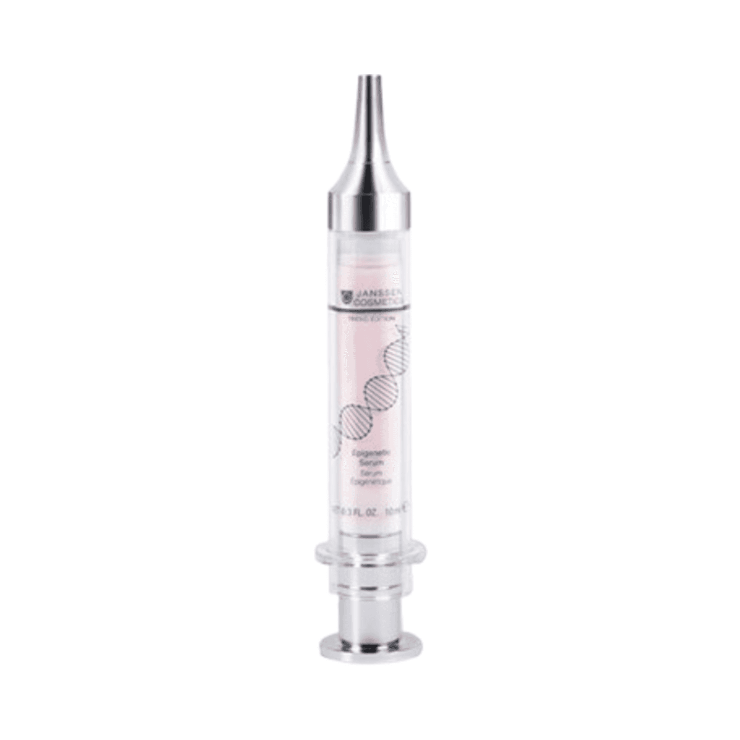 Janssen Epigenetic Serum in syringe-style bottle for face care. Anti-aging treatment with hyaluronic acid and keratin for mature skin.